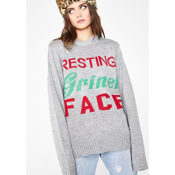 American Stitch Sweaters - American Stitch Resting Grinch Face Christmas Sweater in Gray Size XS